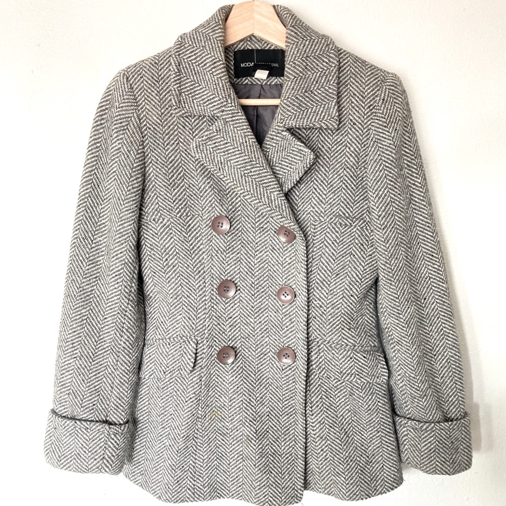 Moda International Victoria’s Secret Gray Herringbone Pea Coat Wool XS